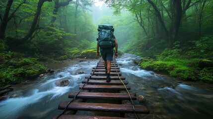 Solo Hiker Trekking Across Wooden Plank Bridge Over Stream in Dense Forest Surrounded by Lush Greenery and Misty Atmosphere
