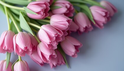 Fototapeta premium A stunning bouquet of soft pink tulips is elegantly arranged against a serene blue background. The vibrant petals and lush green leaves create a harmonious blend, evoking feelings of freshness and