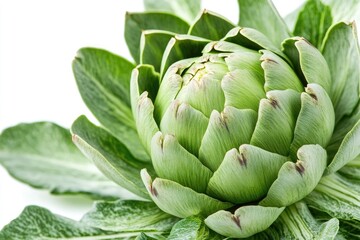 Fototapeta premium A large green artichoke with tightly packed leaves, isolated on a white background