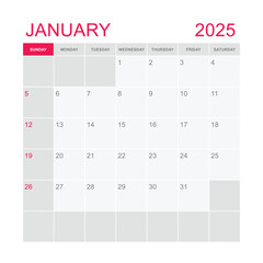 Classic monthly calendar for 2025. week starts on sunday. simple january 2025 calendar template. monthly planner design in box