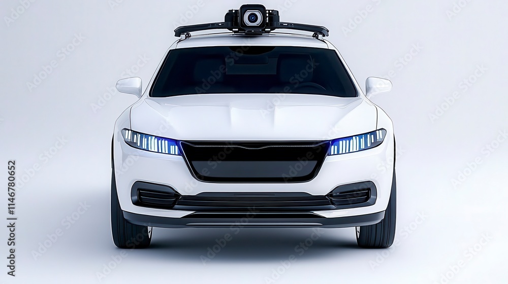 Poster a sleek, white autonomous vehicle equipped with advanced sensors and cameras, designed for modern tr