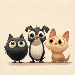 Fototapeta premium Adorable Cartoon Cat Dog and Fluffy Cat Friends