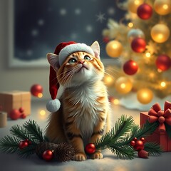 Obraz premium Christmas cat. Portrait of a fluffy cat next to a gift box on the background of Christmas tree and lights of garlands.