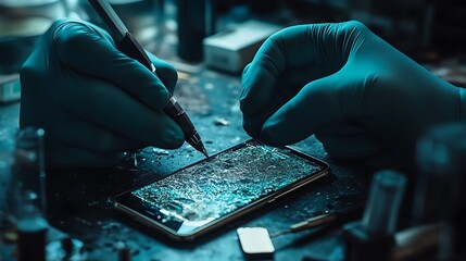 Smartphone repair process workshop technical procedure indoor close-up