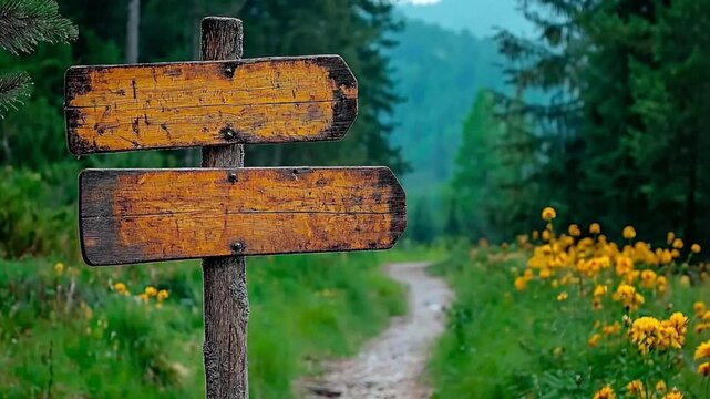 A rustic wooden signpost with faded yellow arrows standing along a scenic forest trail. Concept of guidance and the simplicity of navigating through nature&rsquo;s pathways.