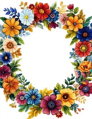 Obraz premium Colorful floral frame background vector with empty space in the center for text, floral border design with colorful flowers, watercolor style, colorful, hand-painted, clipart.