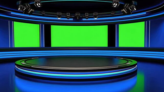 A futuristic virtual studio with glowing blue elements and chroma key green screens for customizable content. Concept of innovation and the versatility of virtual sets in modern media production.