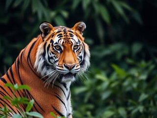 Obraz premium A majestic tiger gazes amidst lush greenery, showcasing its striking fur and intense gaze.