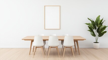 A minimalist dining area featuring a wooden table, four modern chairs, a blank frame on the wall, and a potted plant, creating a serene atmosphere.