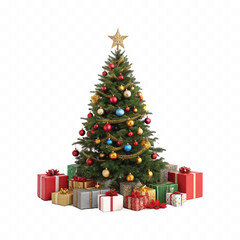 Abstract 3d Christmas tree with beautiful ornaments and many gift box isolated on white background