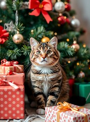 Christmas cat. Portrait of a fluffy cat next to a gift box on the background of Christmas tree and lights of garlands.