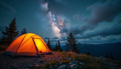 An inviting orange tent glows warmly against a breathtaking backdrop of the Milky Way, surrounded by majestic mountains and towering trees. This serene camping scene captures the magic of nature