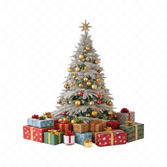 Abstract 3d Christmas tree with beautiful ornaments and many gift box isolated on white background