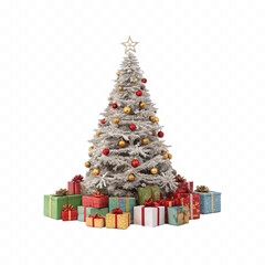 Abstract 3d Christmas tree with beautiful ornaments and many gift box isolated on white background