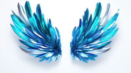 A pair of iridescent blue wings, shimmering with metallic highlights, featuring elongated feathers with gradient tones of teal and silver, floating in perfect symmetry on a clean white background, int