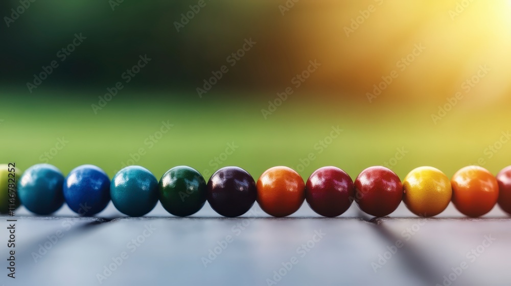 Poster A colorful row of spherical objects sits on a surface, with a blurred natural background illuminated by soft sunlight.