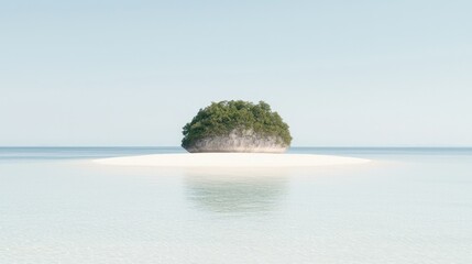 Small tropical island with white sand and lush vegetation in calm ocean.