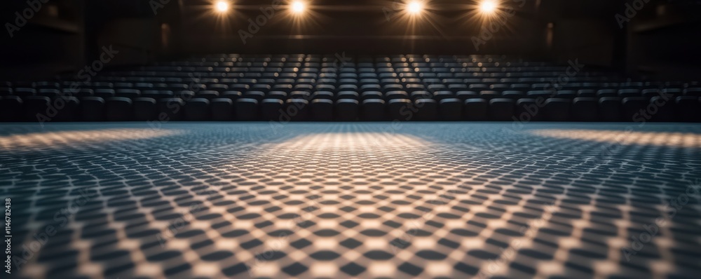 Poster a wide view of an empty theater stage, featuring a patterned floor and illuminated by overhead light