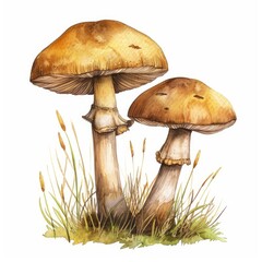 Watercolor painting of two mushrooms growing in grass, showcasing intricate details and earthy tones