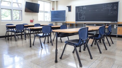 Empty Classroom Ready for Students: Desks, Chairs, Blackboard, and Technology