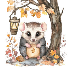 Fototapeta premium Charming Opossum Illustration Surrounded by Autumn Leaves and Lantern in a Whimsical Nature Scene