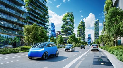 Urban Oasis of 2025: Autonomous Electric Vehicles on Smart Roads, Flanked by Vertical Gardens and Solar Arrays - Epitome of Sustainable Innovation