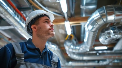 HVAC Technician Inspecting Ventilation System: Ensuring Optimal Air Quality and Climate Control in Building Services