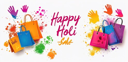 Fototapeta premium Advertising sale poster or banner design with water guns and color bucket for holi festival.