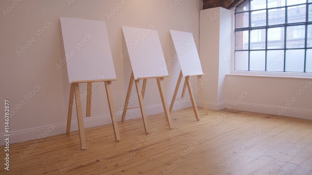 Aufkleber a bright, minimalistic art studio featuring three empty easels positioned in front of a large window