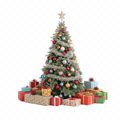 Abstract 3d Christmas tree with beautiful ornaments and many gift box isolated on white background