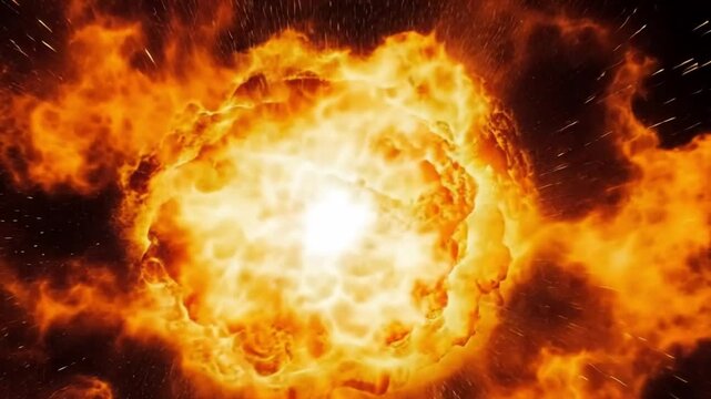 A dramatic fiery explosion radiating intense orange and yellow flames. Concept of energy release and destructive power.