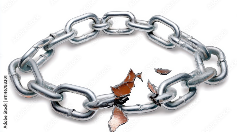 Poster a broken metal chain symbolizes freedom and the breaking of constraints, with fragmented links sugge