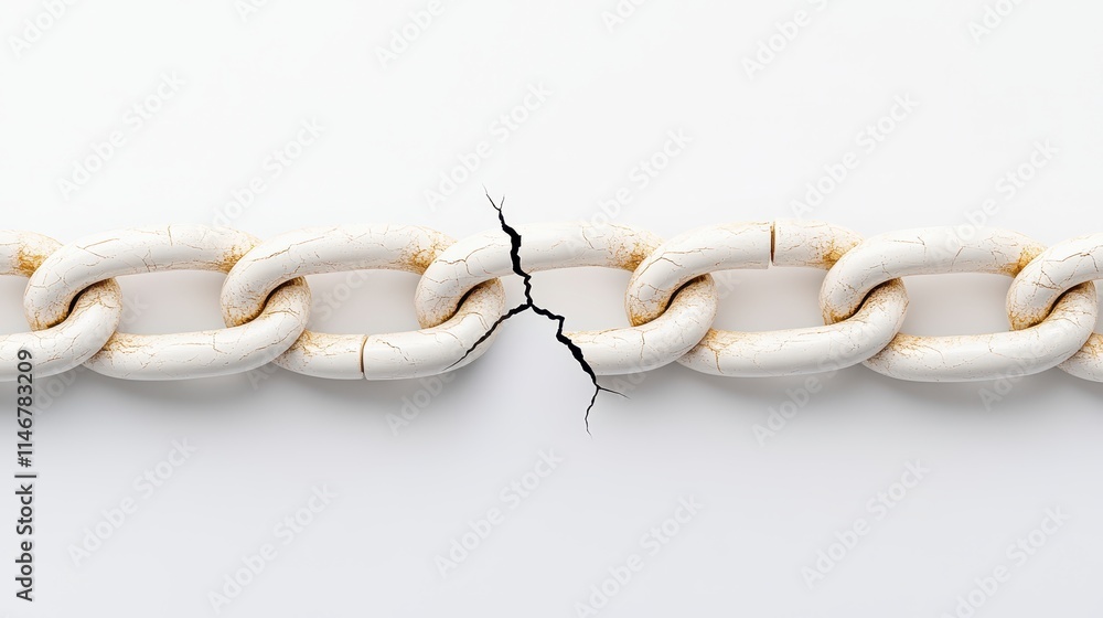 Poster a broken white chain segment against a plain background, symbolizing fragility and disconnection.