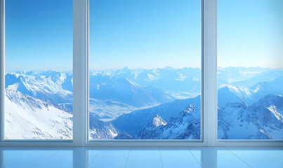 Snowy mountain view through large windows, showcasing a serene and tranquil landscape.