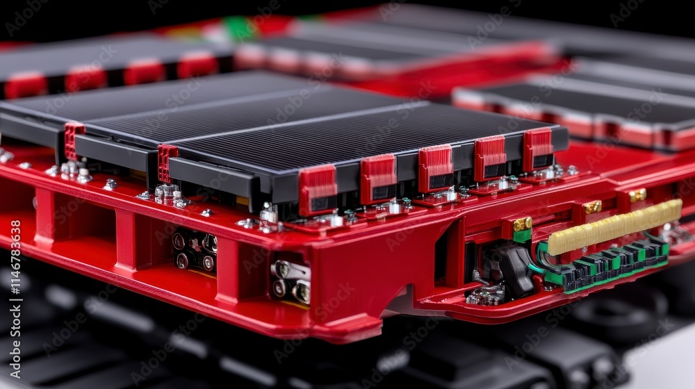 Poster a detailed view of a red circuit board with various components, showcasing intricate electronic conn