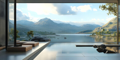 Serene lakeside view from a modern interior with mountains in the background.