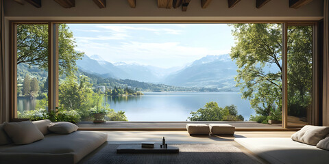 Fototapeta premium A serene view of a lake surrounded by mountains from a cozy interior space.