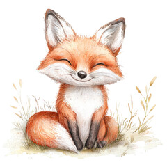 Obraz premium Charming Illustration of a Playful Red Fox Smiling in a Natural Setting Surrounded by Delicate Grass and Foliage