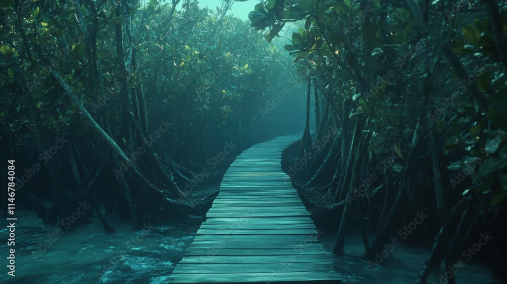 Poster serene pathway through lush mangrove forest with mystical fog and dense greenery inviting exploratio