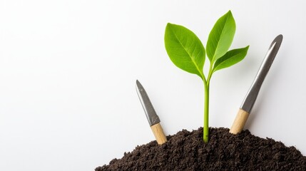A green seedling emerges from rich soil, flanked by gardening tools, symbolizing growth and nurturing in nature.