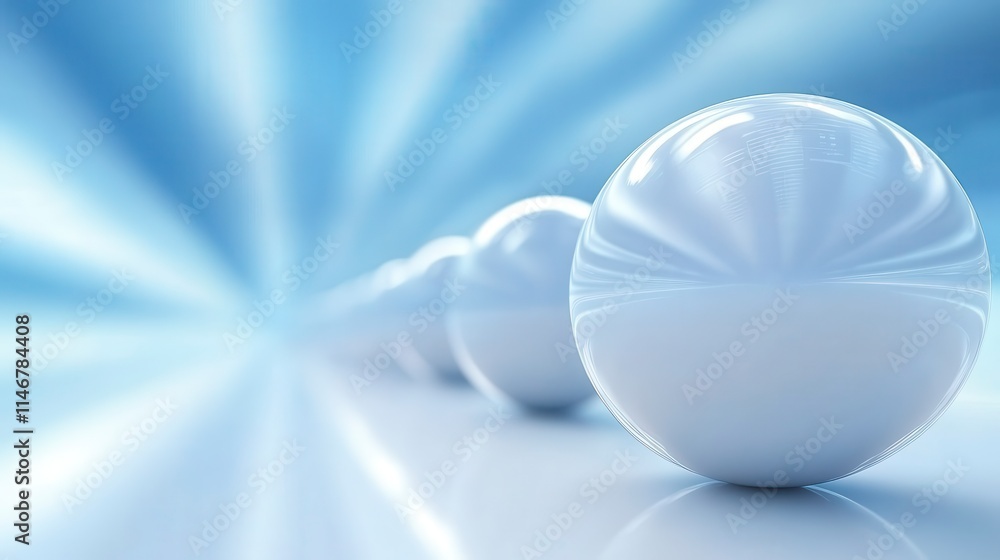 Poster a serene image of white spheres lined up against a soft blue backdrop, creating a sense of depth and