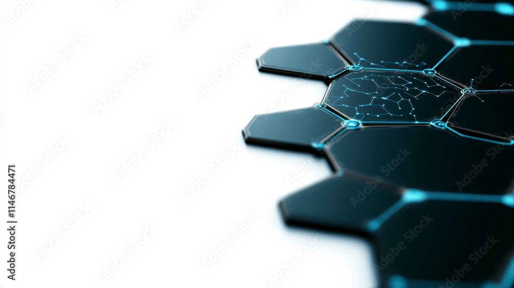 Poster a close-up view of a hexagonal pattern, illuminated with glowing lines, showcasing a modern, technol