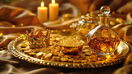 Close-Up of the Three Kings' Gifts: Gold, Frankincense, and Myrrh on an Ornate Golden Tray, Illuminated by Candlelight AI