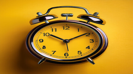 Black Retro Alarm Clock Casting a Bold Shadow on a Bright Yellow Background, Evoking a Strong Visual Contrast and Emphasizing the Timeless Nature of Timepieces.