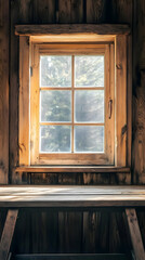 A rustic wooden window illuminates a cozy interior space.