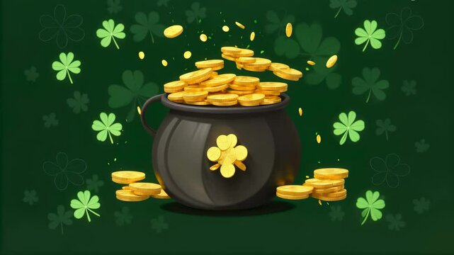 Pot of Gold and Shamrocks Animation for St. Patrick's Day. Irish Luck, Wealth, and Celebration Concept Video Footage.
