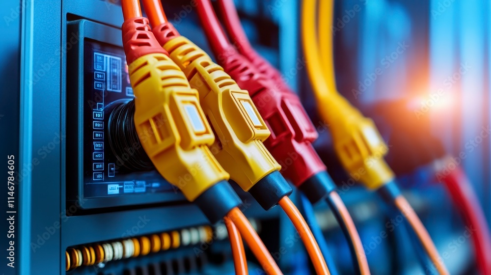 Poster close-up of colorful network cables plugged into a server, showcasing advanced technology and connec