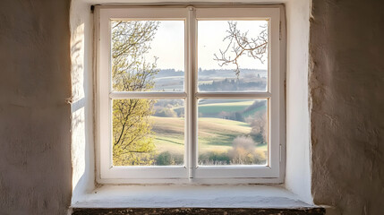 A serene view from a window showcasing rolling hills and greenery.