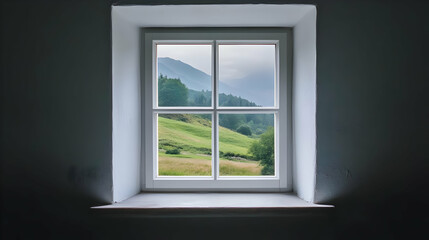 Fototapeta premium A window view showcasing serene hills and greenery, inviting tranquility and nature appreciation.
