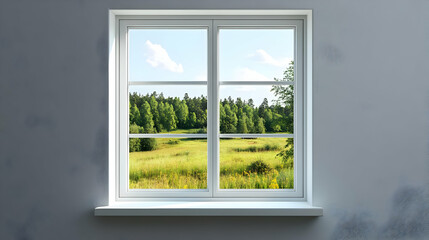 Fototapeta premium A window view showcasing a serene landscape with greenery and a clear blue sky.